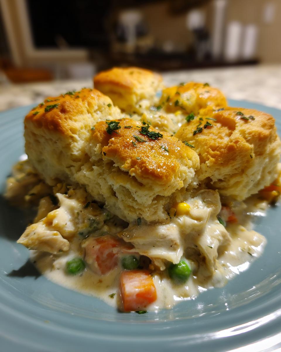 A serving of creamy chicken pot topped with golden, fluffy biscuits, garnished with parsley.