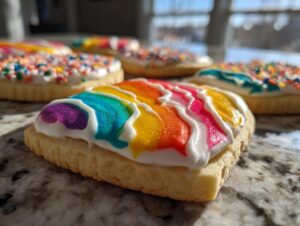 Close-up of a sugar cookie topped with vibrant, rainbow-striped cookie icing that appears hardened.