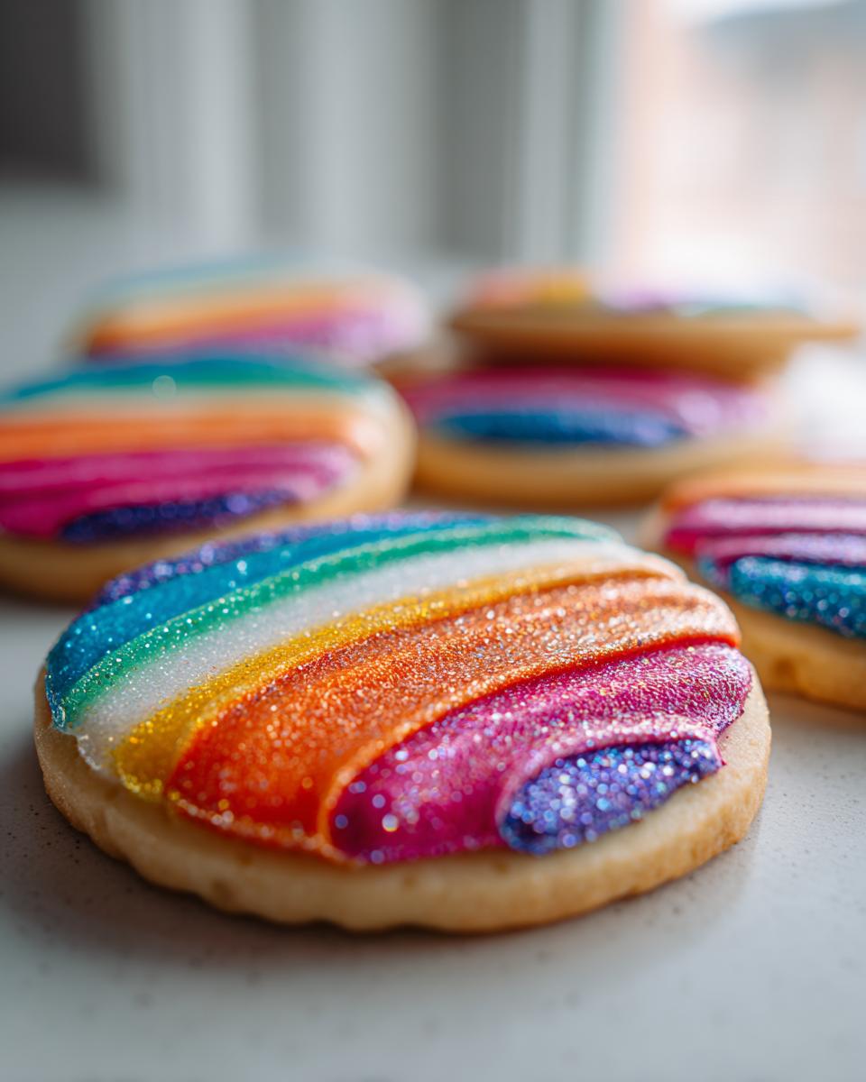 Close-up of a sugar cookie topped with vibrant, striped rainbow cookie icing featuring edible glitter.
