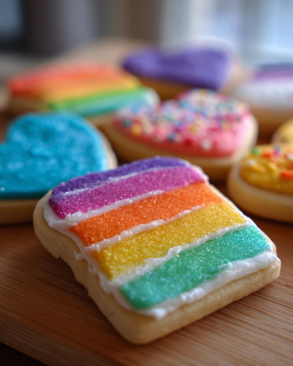 Close-up of a square sugar cookie decorated with rainbow stripes of colored sanding sugar using a sugar cookie icing recipe.