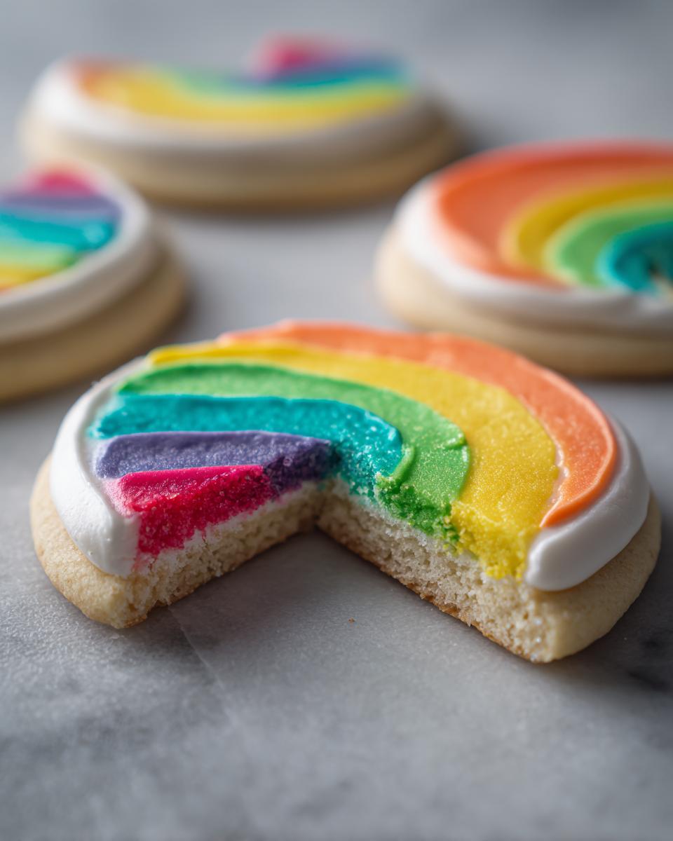 Close-up of a sugar cookie with rainbow icing, showing a bite taken out to reveal the cookie texture and the thick sugar cookie icing recipe layers.