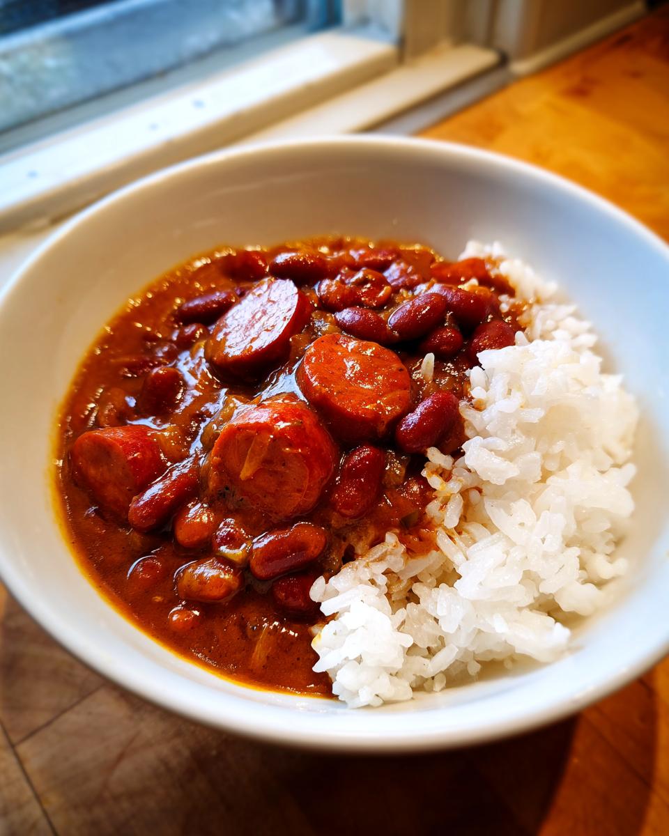 A close-up shot of a white bowl filled with rich red beans and rice, featuring sliced sausage.