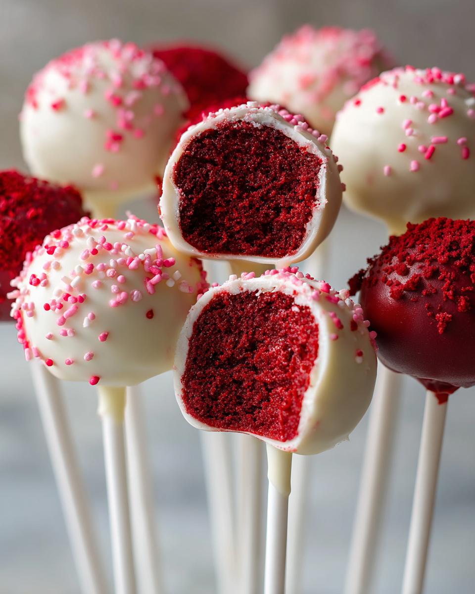 Close-up of several red velvet cake pops, one cut in half revealing the rich red interior and white chocolate coating.
