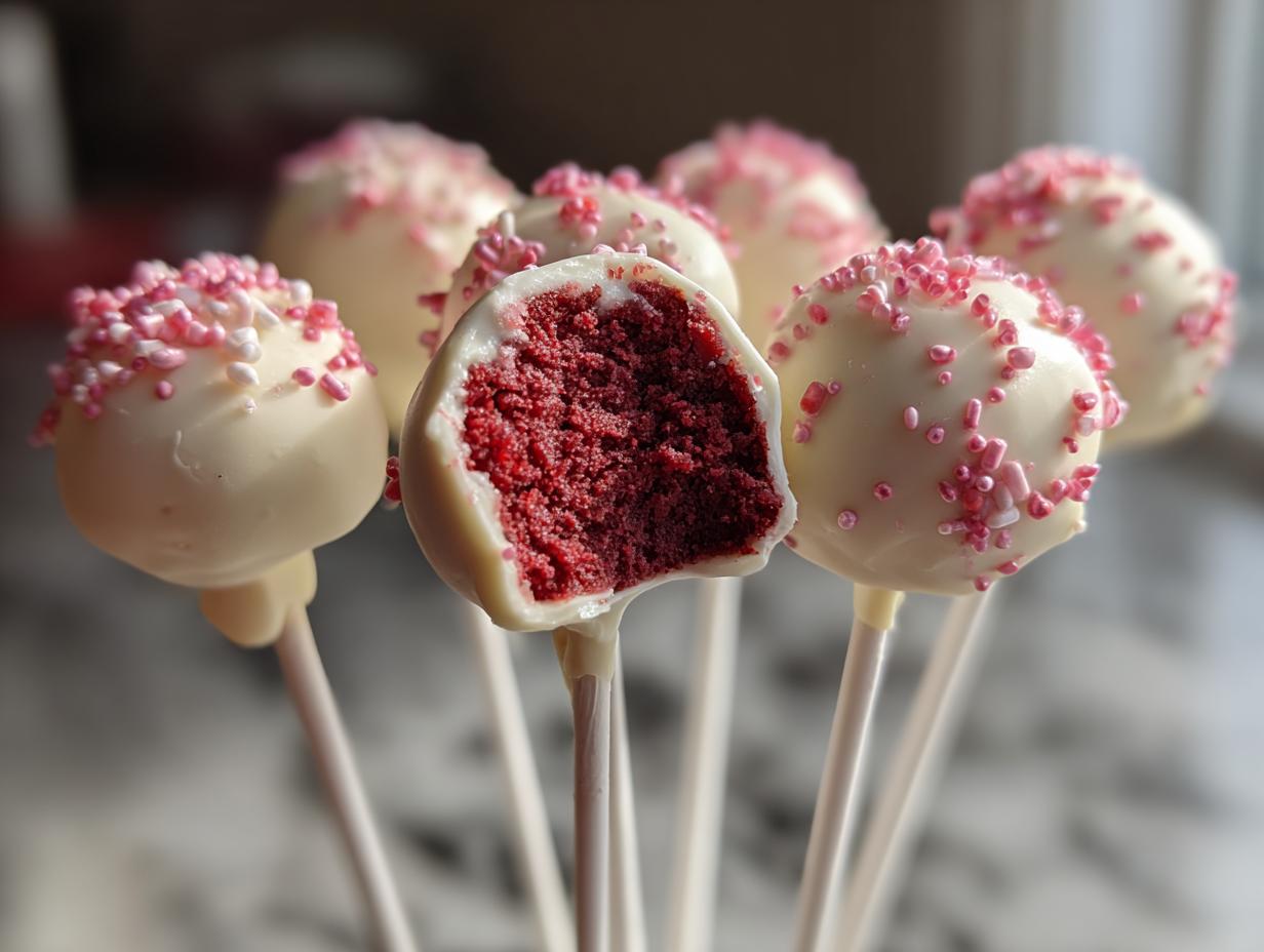 A close-up of several red velvet cake pops dipped in white chocolate, one cut open to show the vibrant red interior.