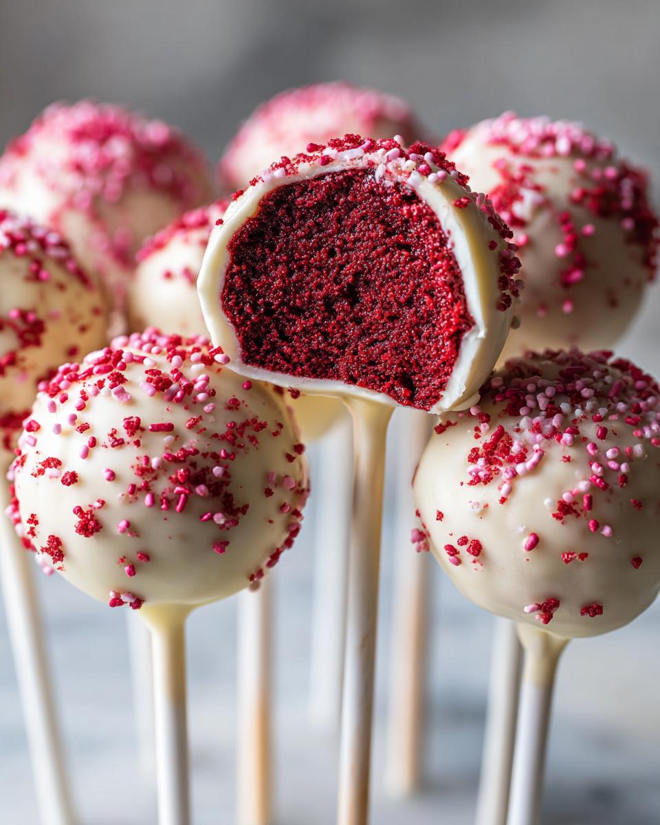 Close-up of several red velvet cake pops dipped in white chocolate and covered in pink sprinkles, one is cut open.