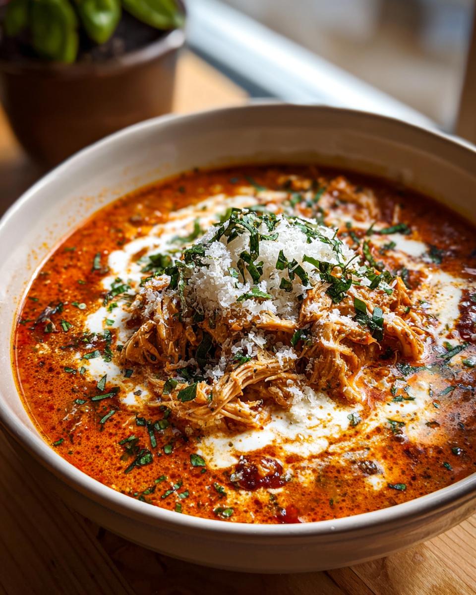 A close-up of a bowl of vibrant red chicken parmesan soup topped with shredded chicken, cream, grated parmesan, and fresh parsley.