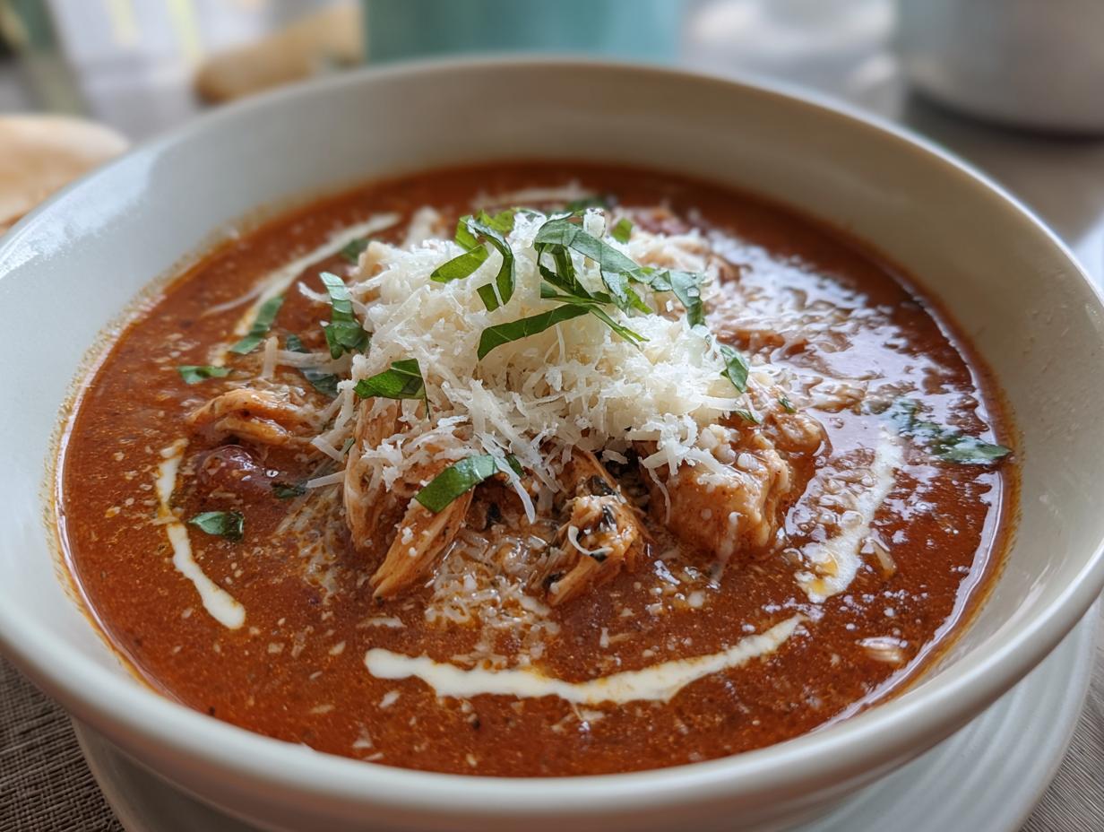 Close-up of a bowl of rich, red chicken parmesan soup garnished with shredded Parmesan cheese and fresh basil.