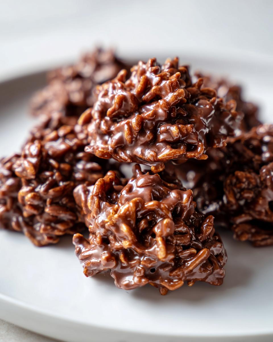 A close-up shot of several glossy, chocolate-covered haystack cookies piled on a white plate.