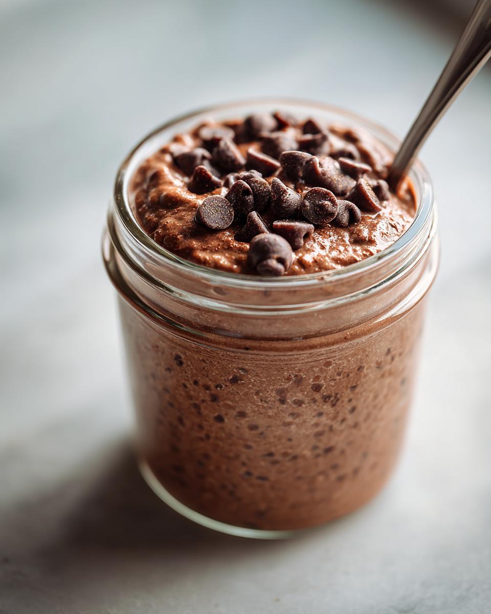 Close-up of rich chocolate overnight oats in a glass jar, topped generously with dark chocolate chips.