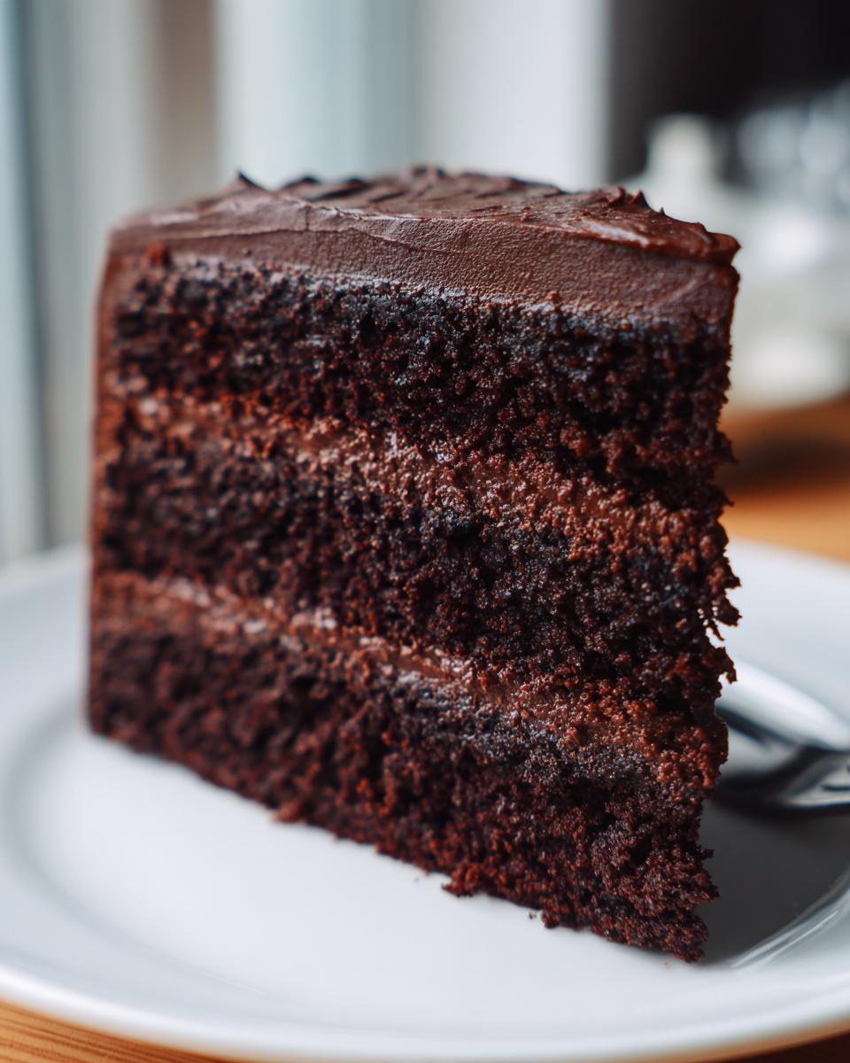 Close-up of a decadent, multi-layered dark chocolate cake slice, perfect for a Capricorn cake.