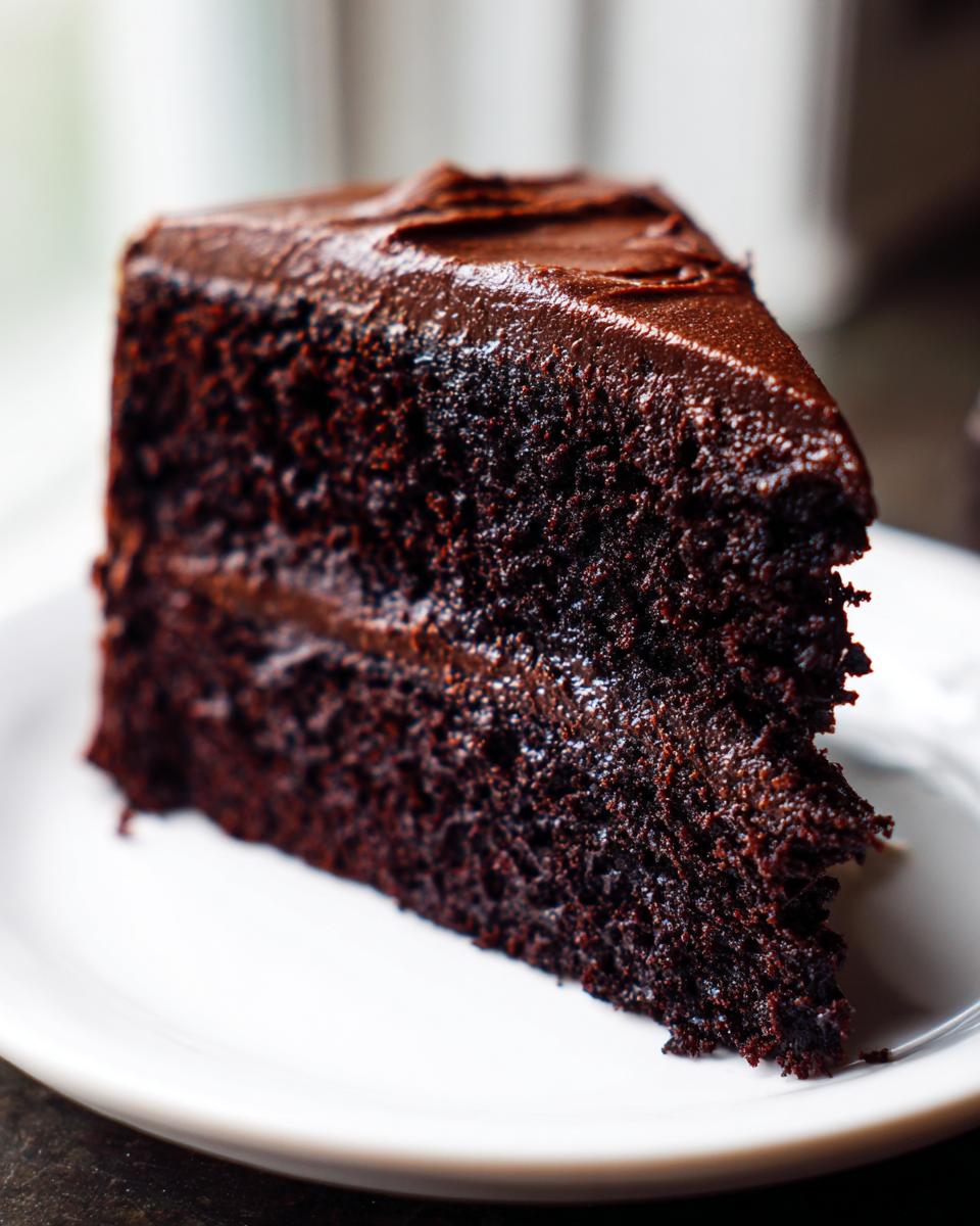A decadent slice of dark chocolate cake with thick frosting, perfect for a Capricorn cake.