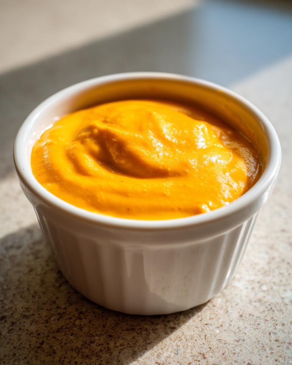 Close-up of thick, vibrant orange nacho cheese sauce served in a small white ramekin dish.