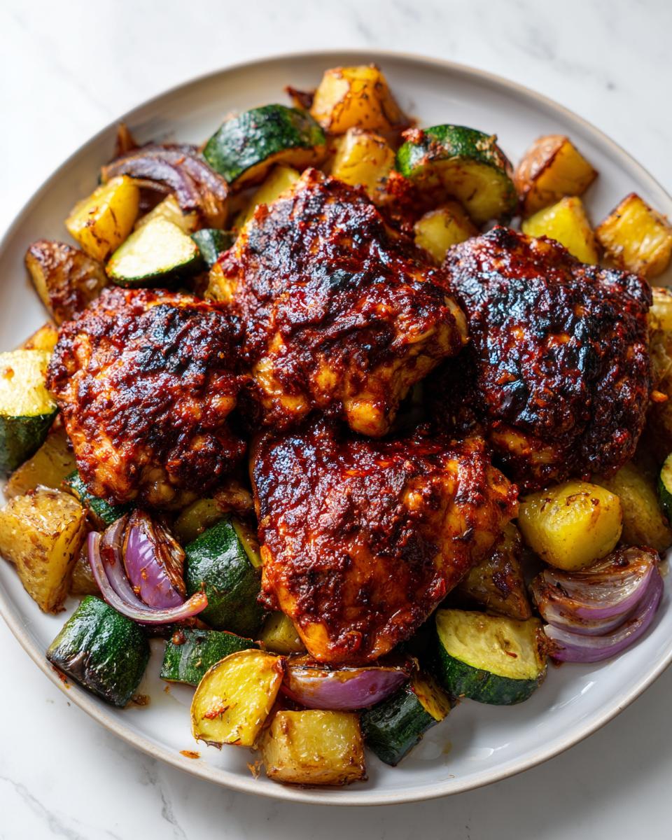 Four pieces of richly glazed harissa chicken served over roasted potatoes, zucchini, and red onion.