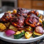 Close-up of roasted harissa chicken thighs served over potatoes, zucchini, and red onion wedges.