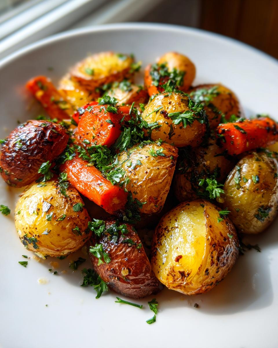 A close-up of golden brown roasted potatoes and carrots, garnished generously with fresh chopped parsley.