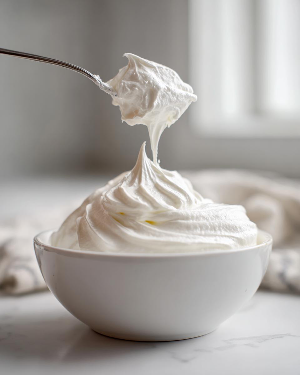A spoonful of thick, bright white royal icing recipe mixture being lifted above a bowl full of perfectly piped royal icing.