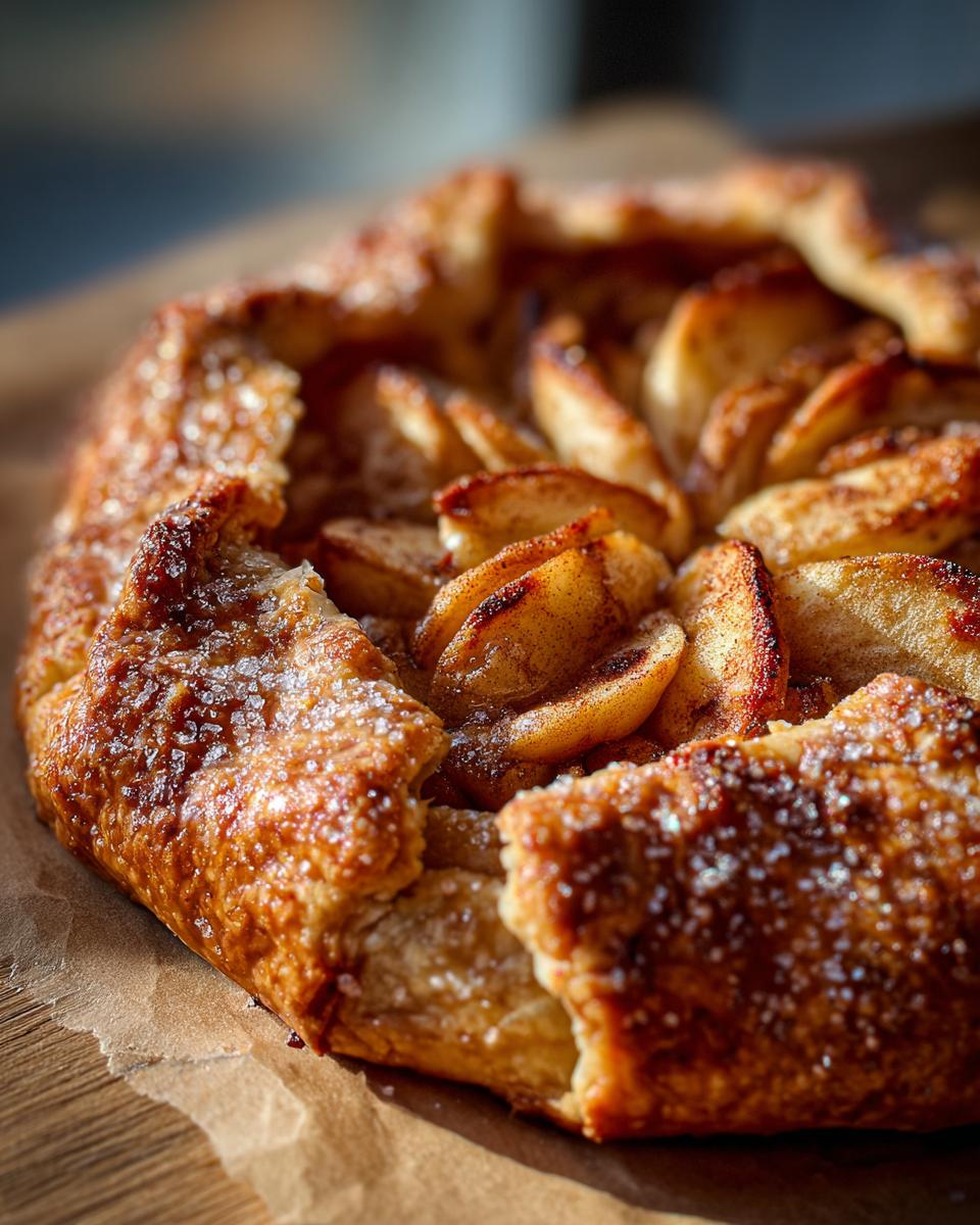 Close-up of a rustic apple galette with caramelized, cinnamon-dusted apple slices and a flaky, sugared crust.