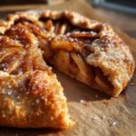 A close-up, appetizing shot of a freshly baked apple galette with a slice removed, showing caramelized apple filling and a coarse sugar crust.
