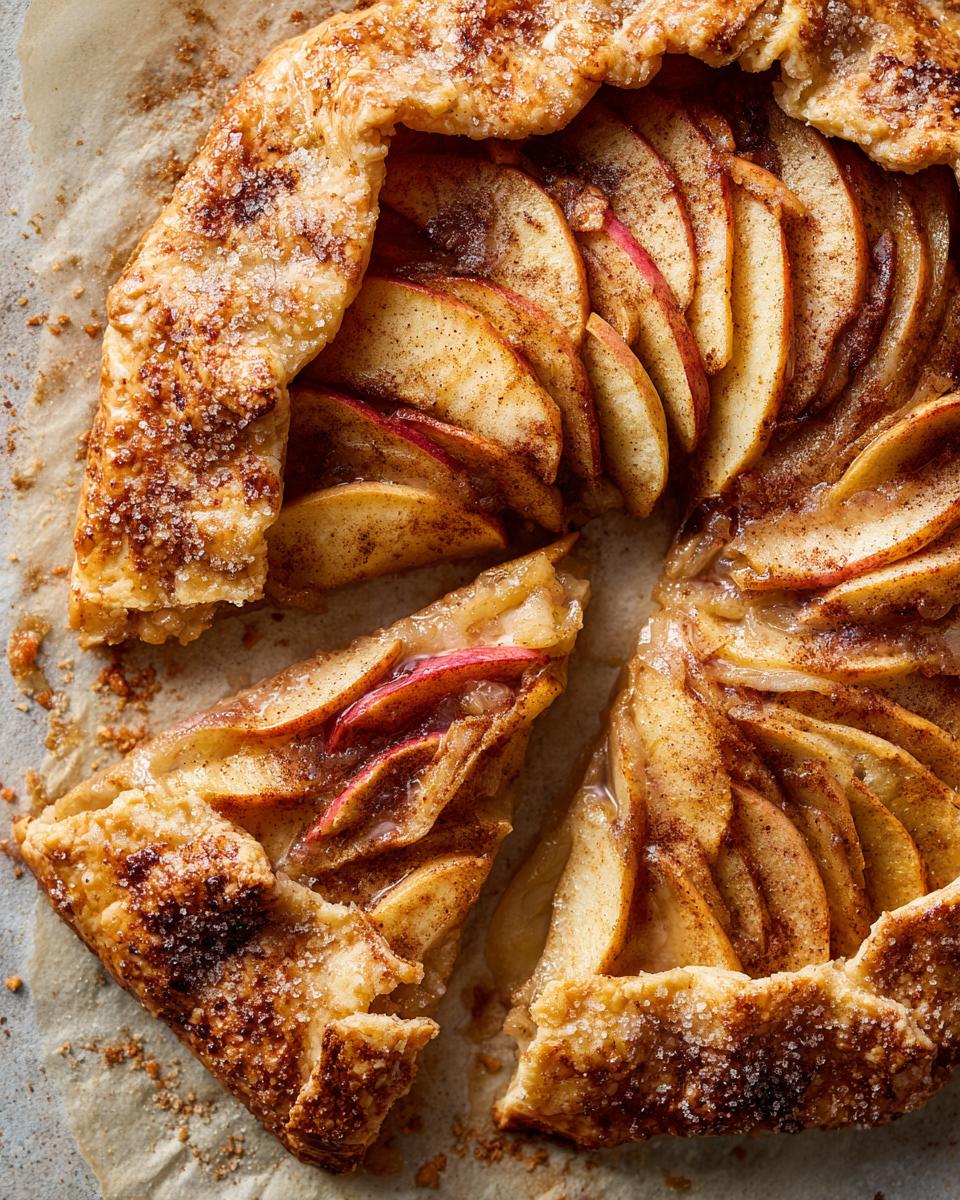 Overhead view of a rustic apple galette, sliced, showing cinnamon-spiced apple filling and a golden, sugar-crusted pastry edge.