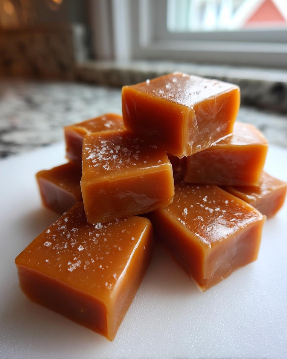 A stack of shiny, square, homemade salted caramel candies sprinkled with sea salt flakes.