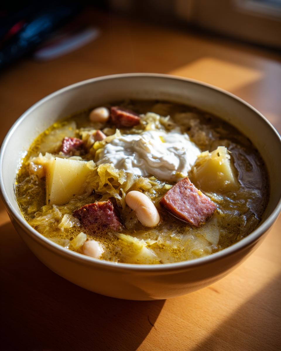 Close-up of a bowl of rich sauerkraut soup featuring chunks of sausage, potatoes, white beans, and a dollop of sour cream.