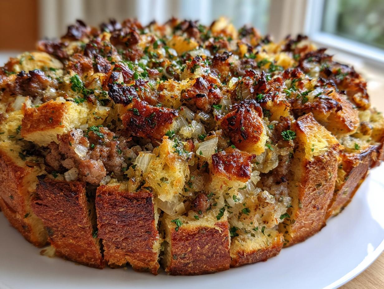 Close-up of a baked sausage stuffing recipe served inside a loaf of bread, topped with crispy sausage and herbs.
