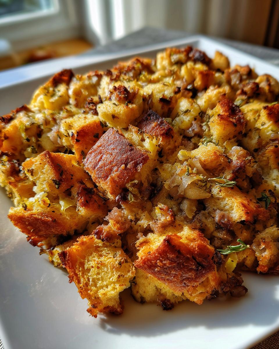 Close-up of baked sausage stuffing recipe with crispy bread cubes and herbs on a white plate.