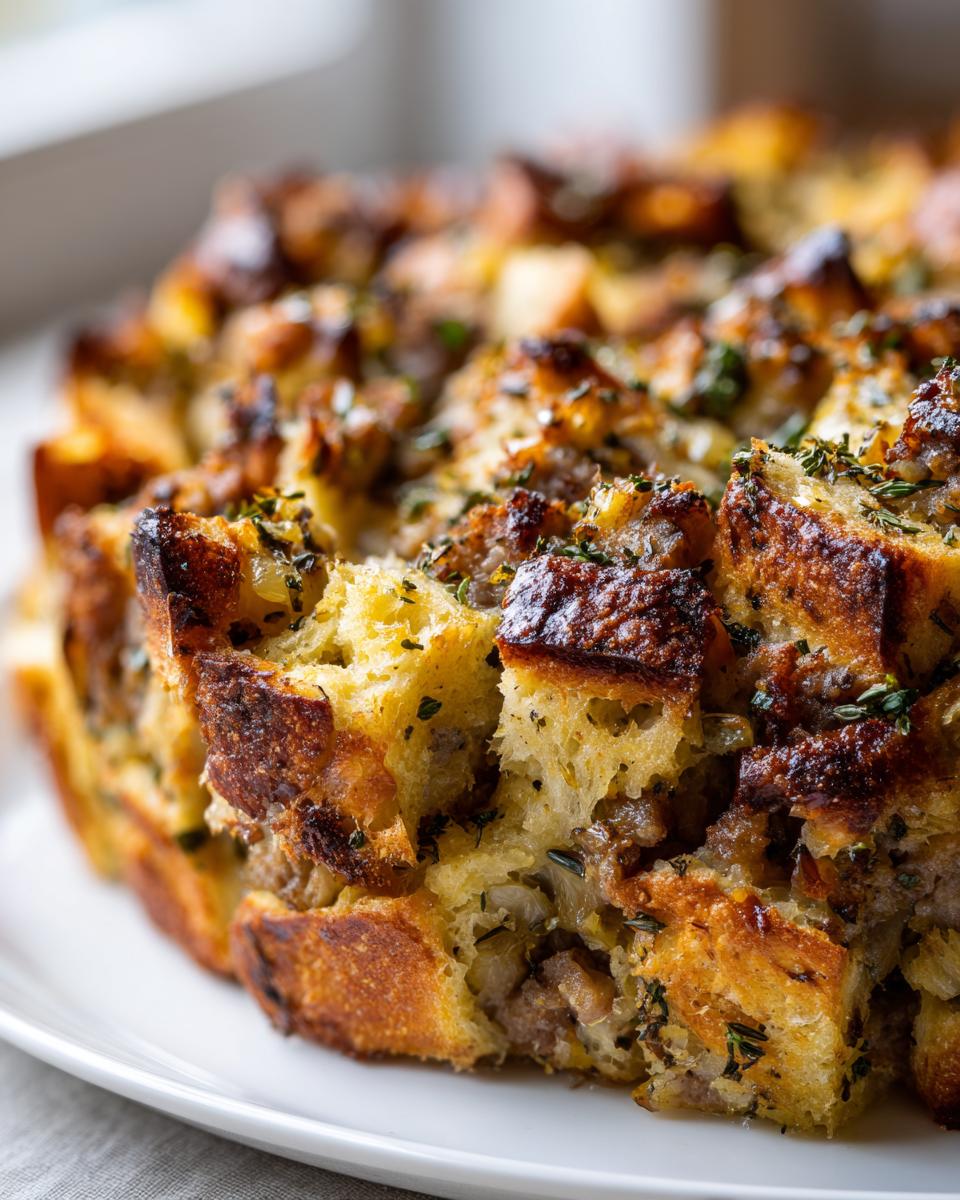 Close-up of a baked portion of sausage stuffing recipe, featuring golden, crispy bread cubes and savory sausage filling.