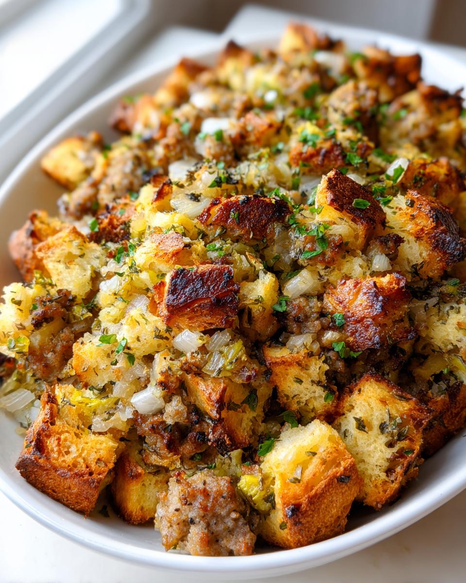Close-up of a baked sausage stuffing recipe with crispy bread cubes, savory sausage, and herbs in a white serving dish.