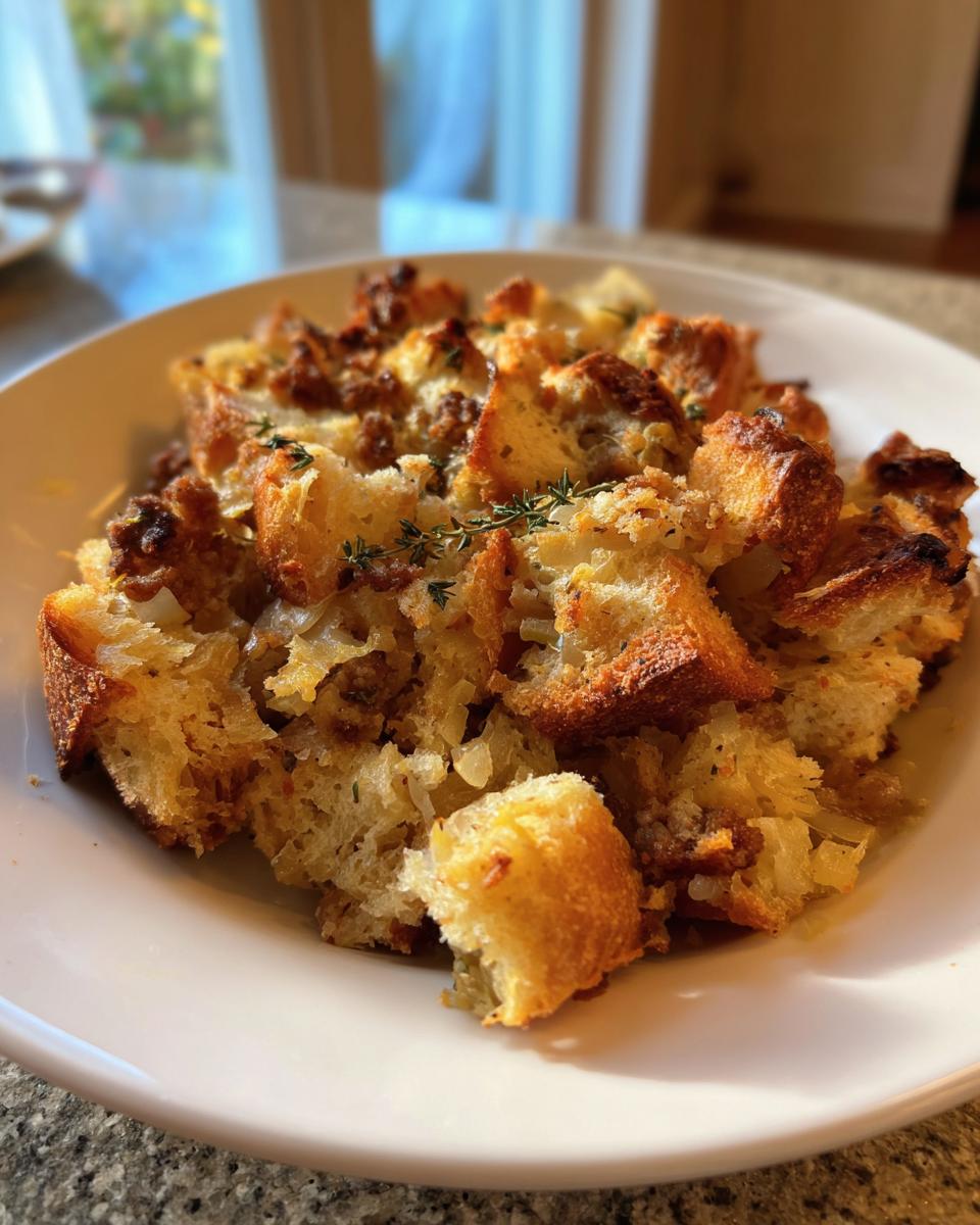 Close-up of a serving of golden brown sausage stuffing recipe, featuring cubed bread and herbs, in a white bowl.