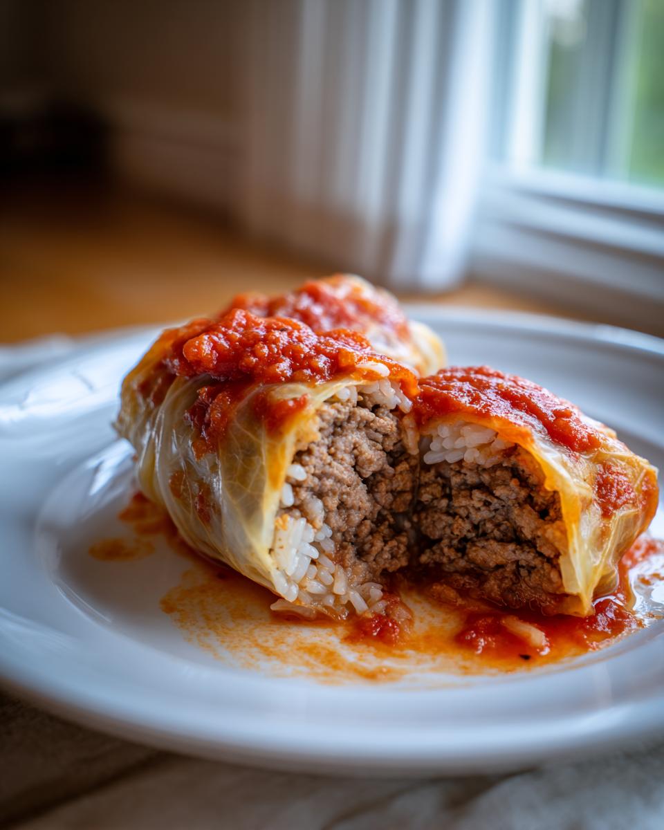 Close-up of two cabbage rolls cut open on a white plate, showing the ground meat and rice filling of the cabbage rolls.