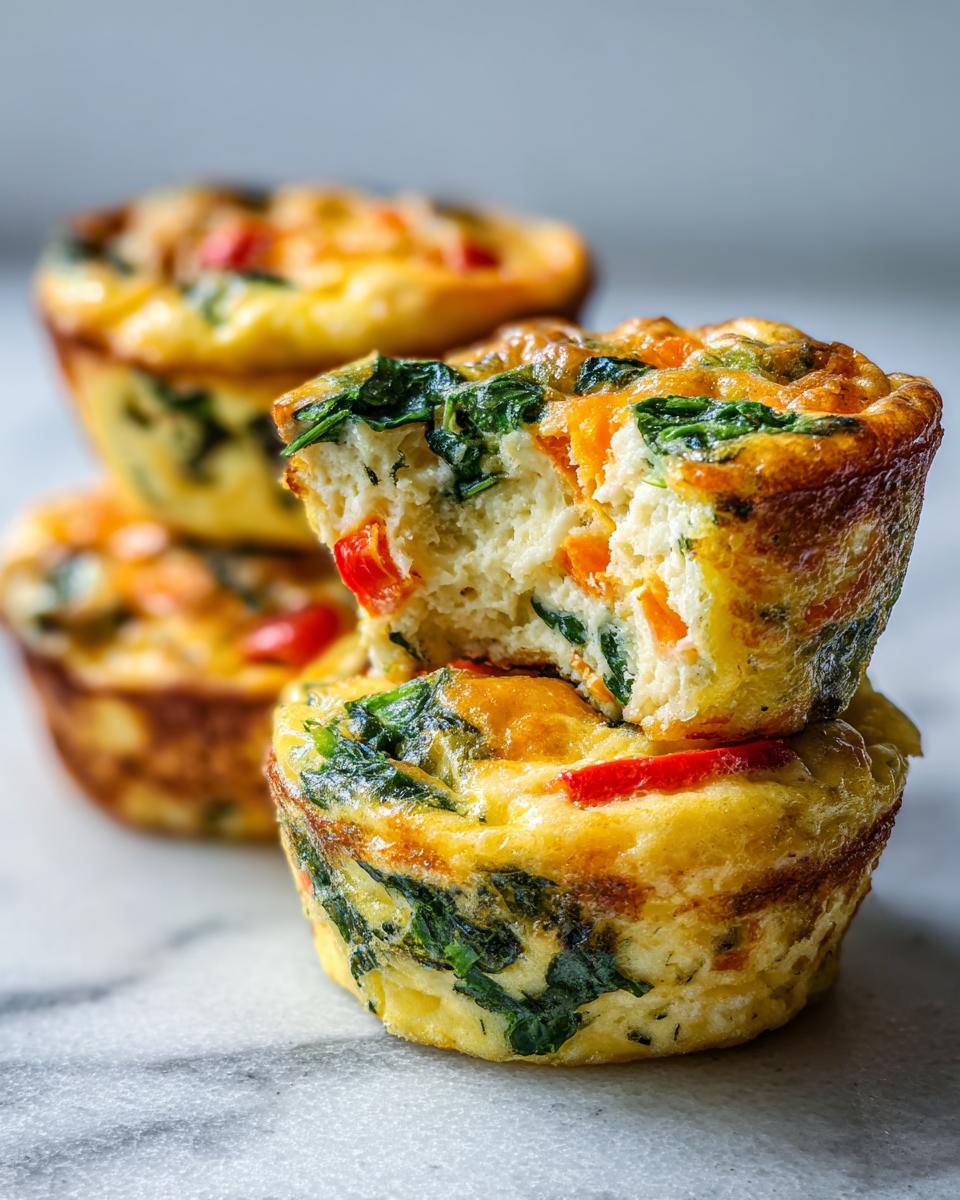 A stack of two savory egg muffin cups, one on top with a bite taken out, showing spinach and red pepper filling.