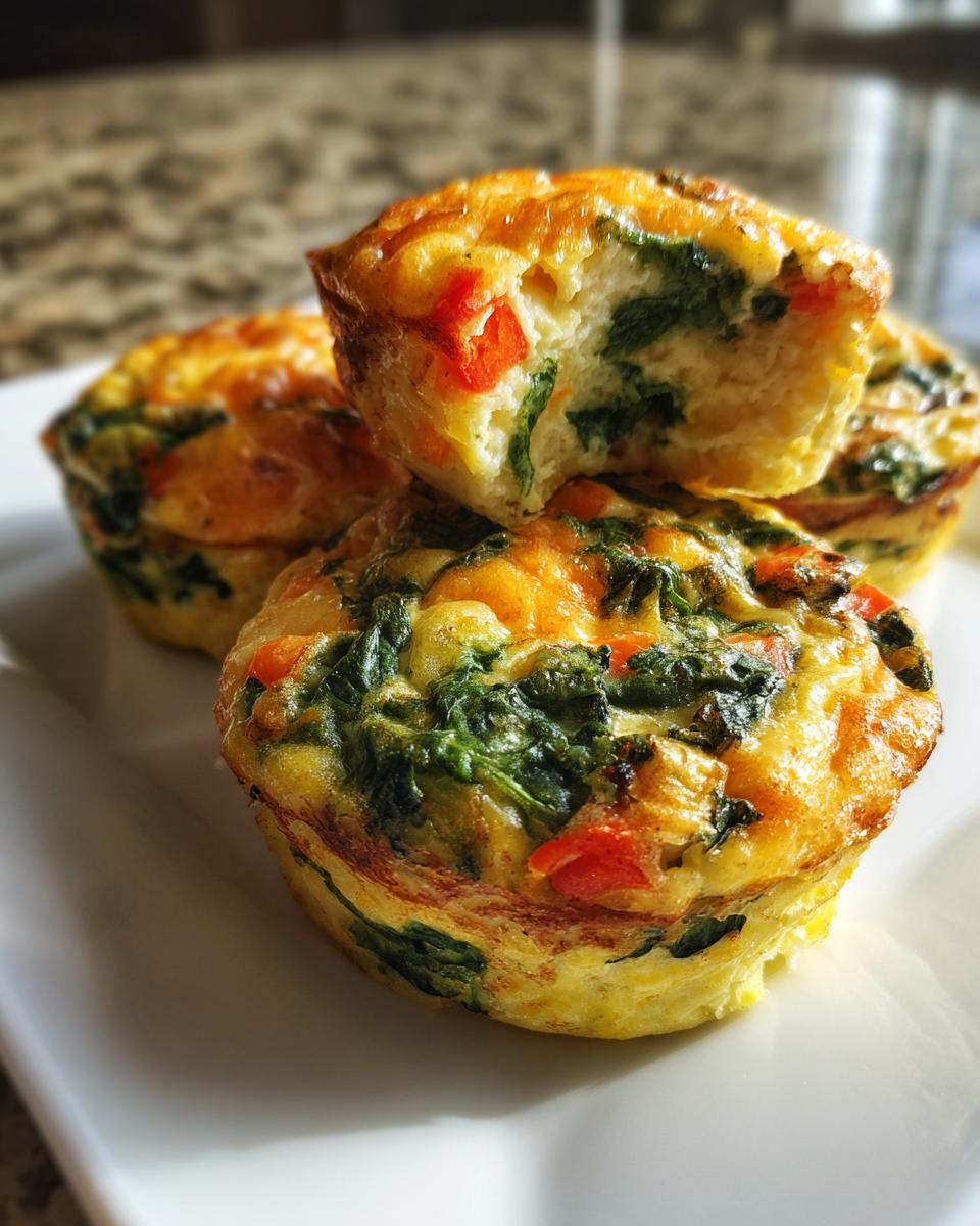 A stack of three savory egg muffin cups filled with spinach and red peppers, one on top has a bite taken out.
