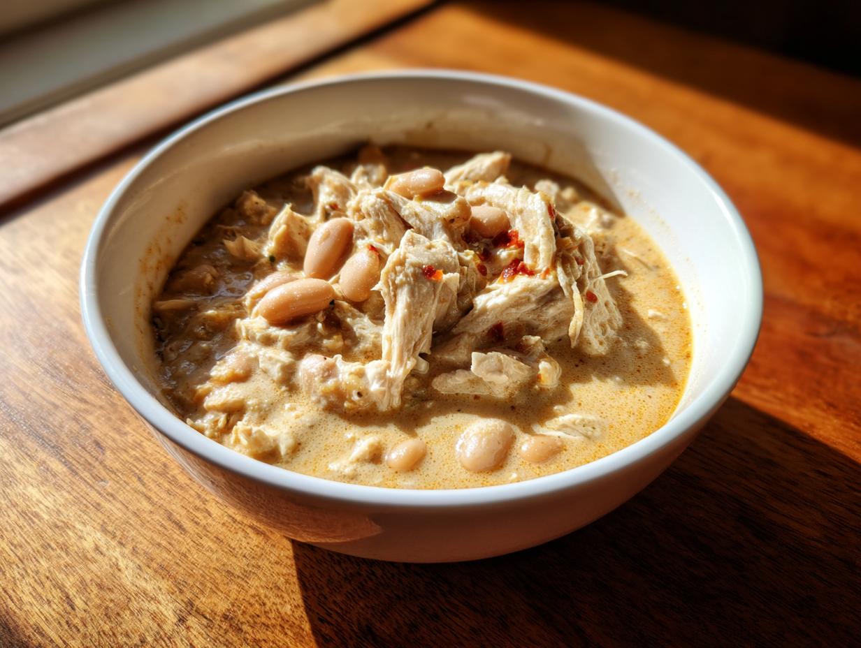 A close-up of a bowl of creamy white chicken chili topped with shredded white chicken and white beans.