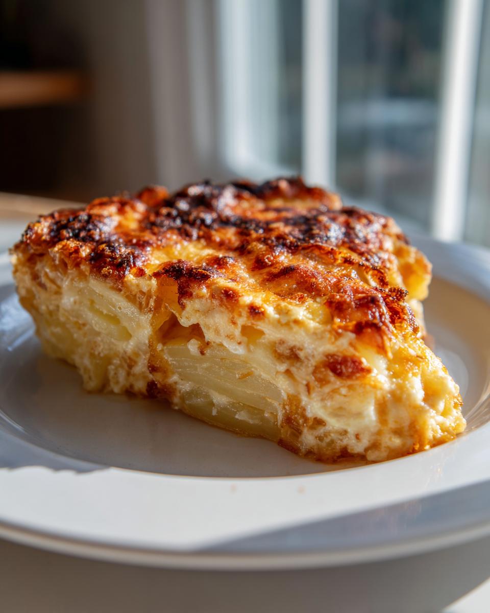 A thick slice of creamy, baked scalloped potatoes recipe with a golden-brown, cheesy crust.