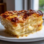 A decadent, square slice of creamy scalloped potatoes recipe with a deeply browned, cheesy crust.