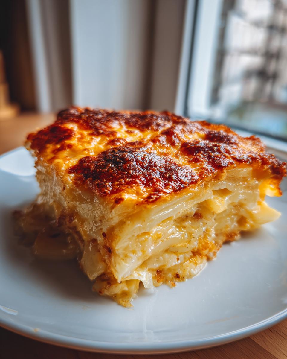 A thick, golden-brown slice of cheesy scalloped potatoes recipe with layered potatoes.