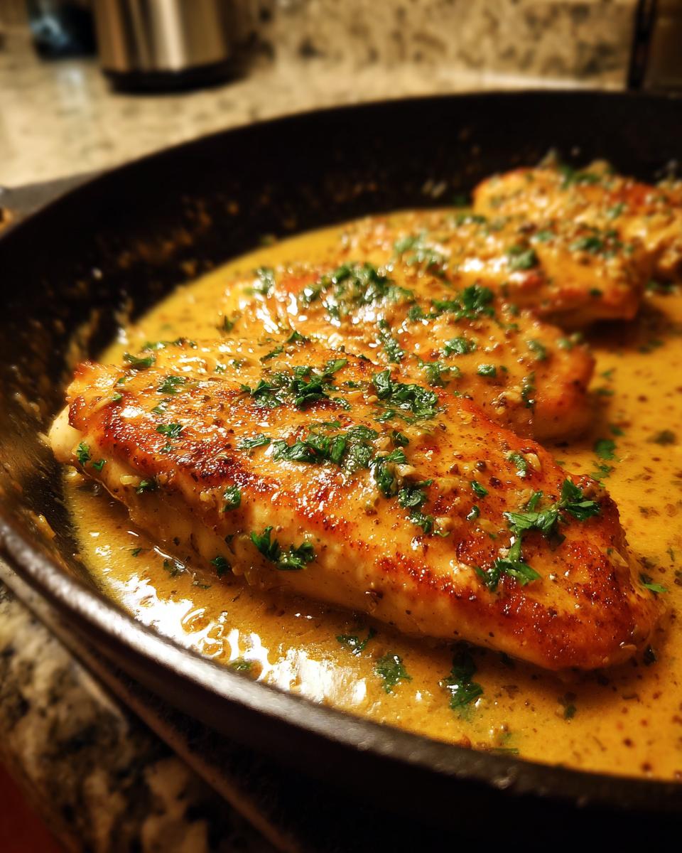 Close-up of seared chicken breasts simmering in a rich, creamy Dijon sauce, garnished with fresh parsley.