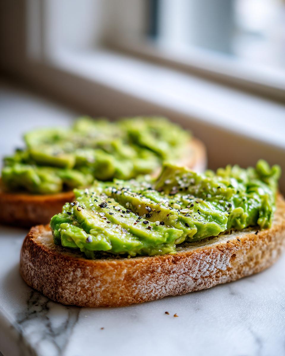 Close-up of creamy, mashed avocado toast seasoned with salt and pepper on toasted sourdough bread.