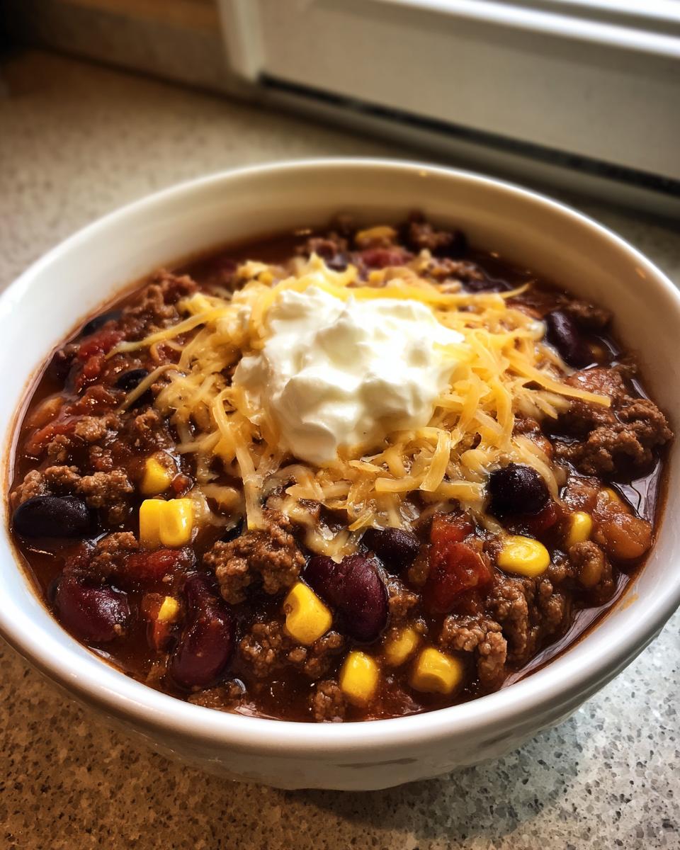 A white bowl filled with hearty crockpot cowboy soup, topped with shredded cheese, sour cream, beans, and corn.