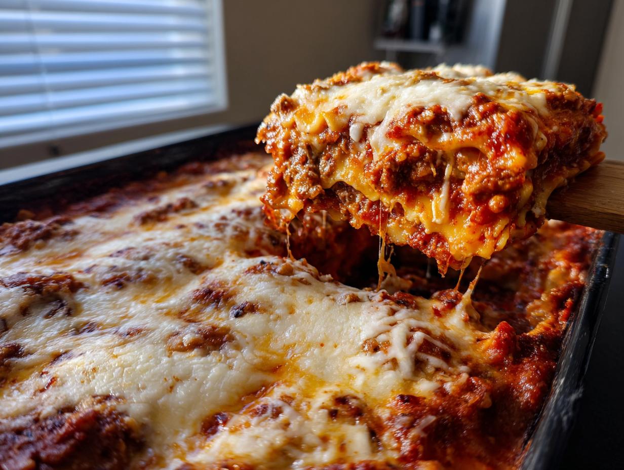 A serving utensil lifts a cheesy, saucy slice of lazy lasagna out of the baking dish.