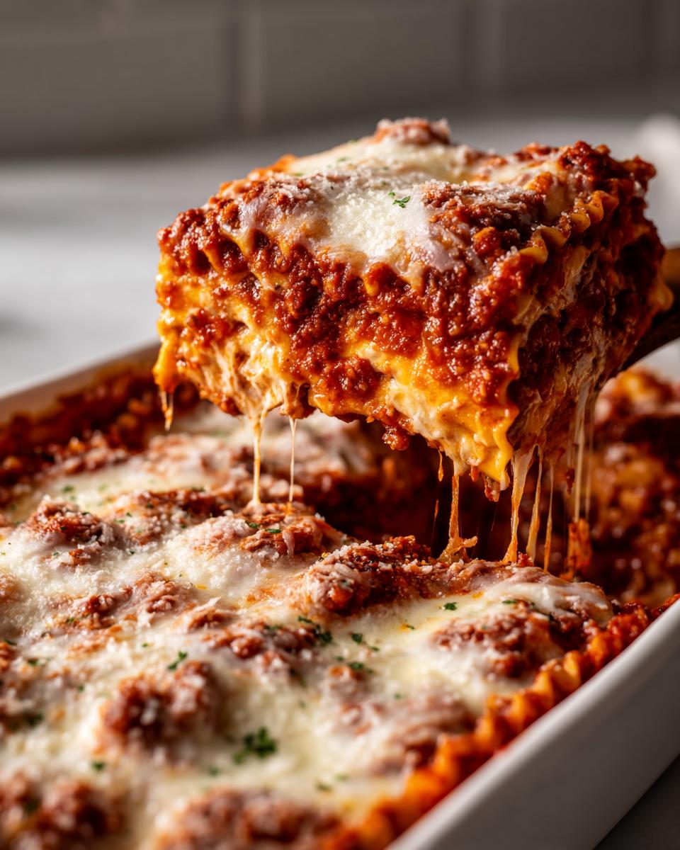 A gooey slice of lazy lasagna being lifted from a baking dish, showing melted cheese strings.