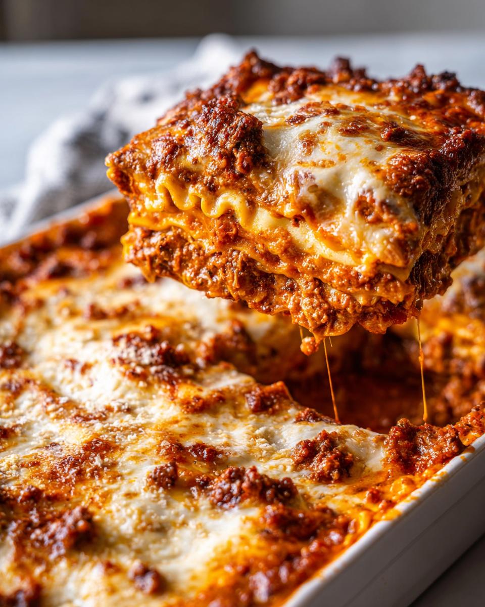 A generous slice of rich, cheesy lazy lasagna being lifted from a white baking dish.