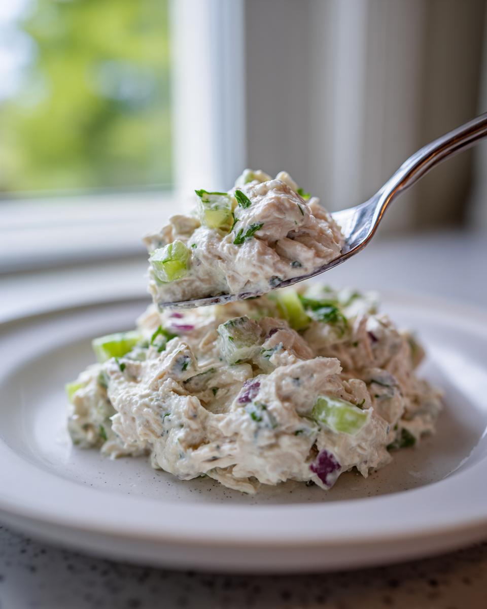 A spoonful of creamy cottage cheese chicken salad being lifted from a serving on a white plate.