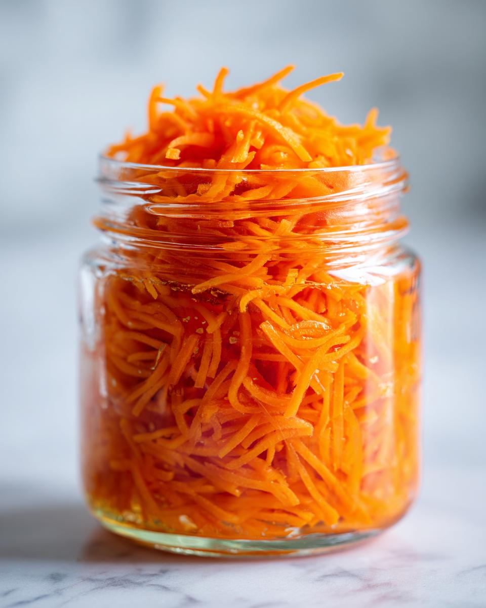 Close-up of bright orange, julienned pickled carrots packed tightly in a clear glass jar.