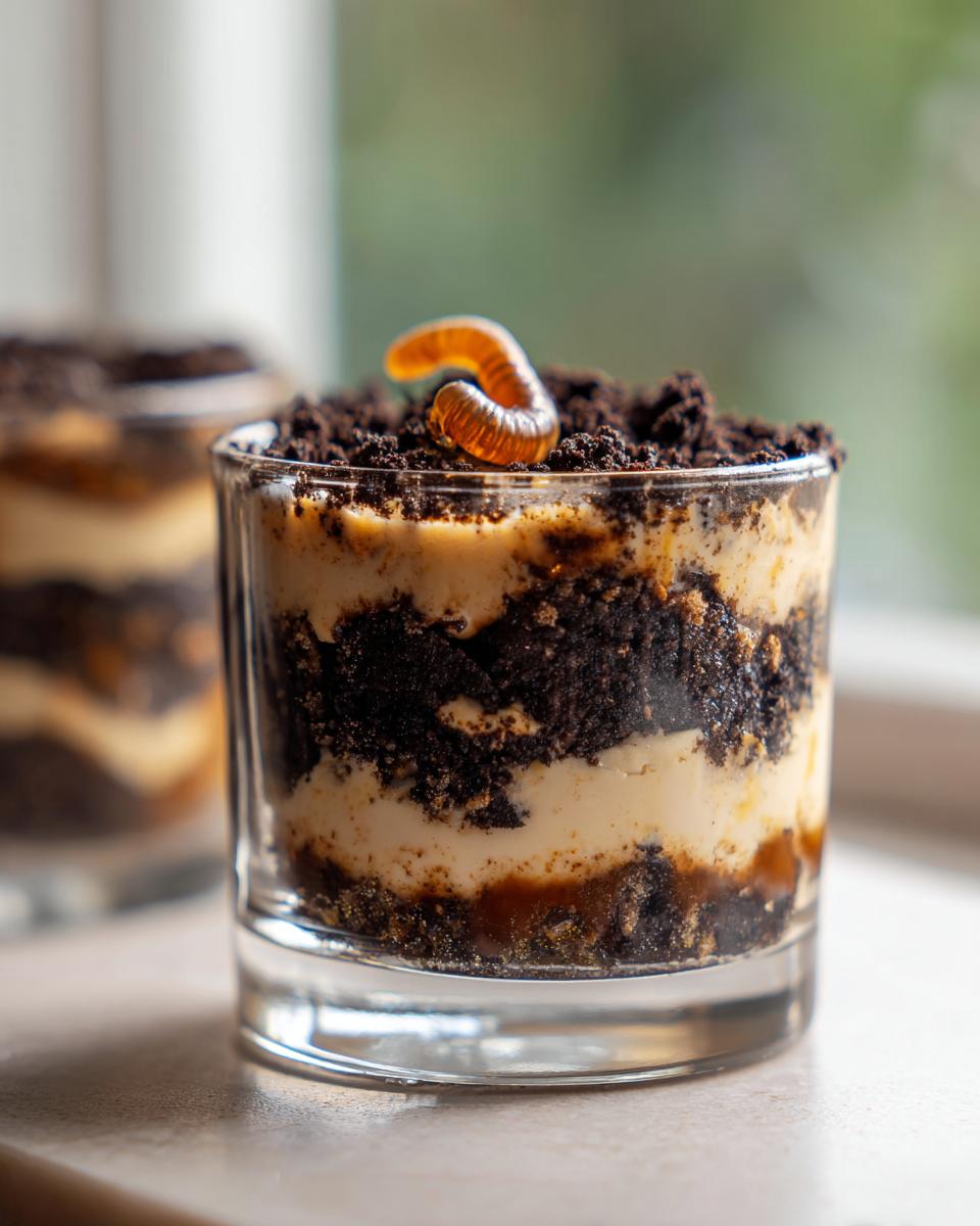 Close-up of a single serving dirt cake layered with cream and crushed cookies, topped with a gummy worm.