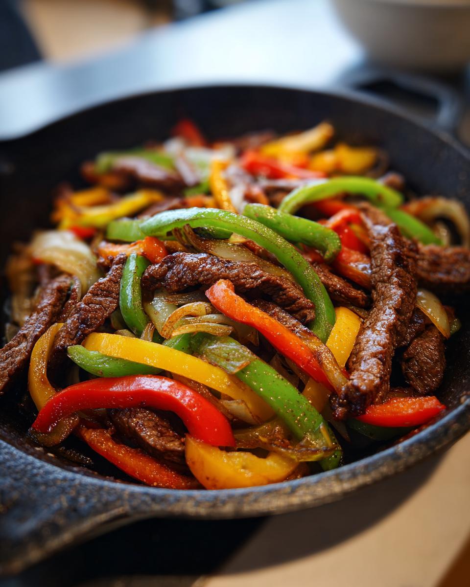 Close-up of juicy steak fajitas with colorful bell peppers and onions sizzling in a dark skillet.
