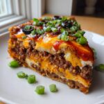 A thick, layered slice of mexican pizza featuring seasoned ground beef, melted cheese, and topped with black olives and green onions.