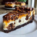 A decadent slice of turtle cheesecake with a dark crust, creamy filling, chocolate, caramel, and pecans.