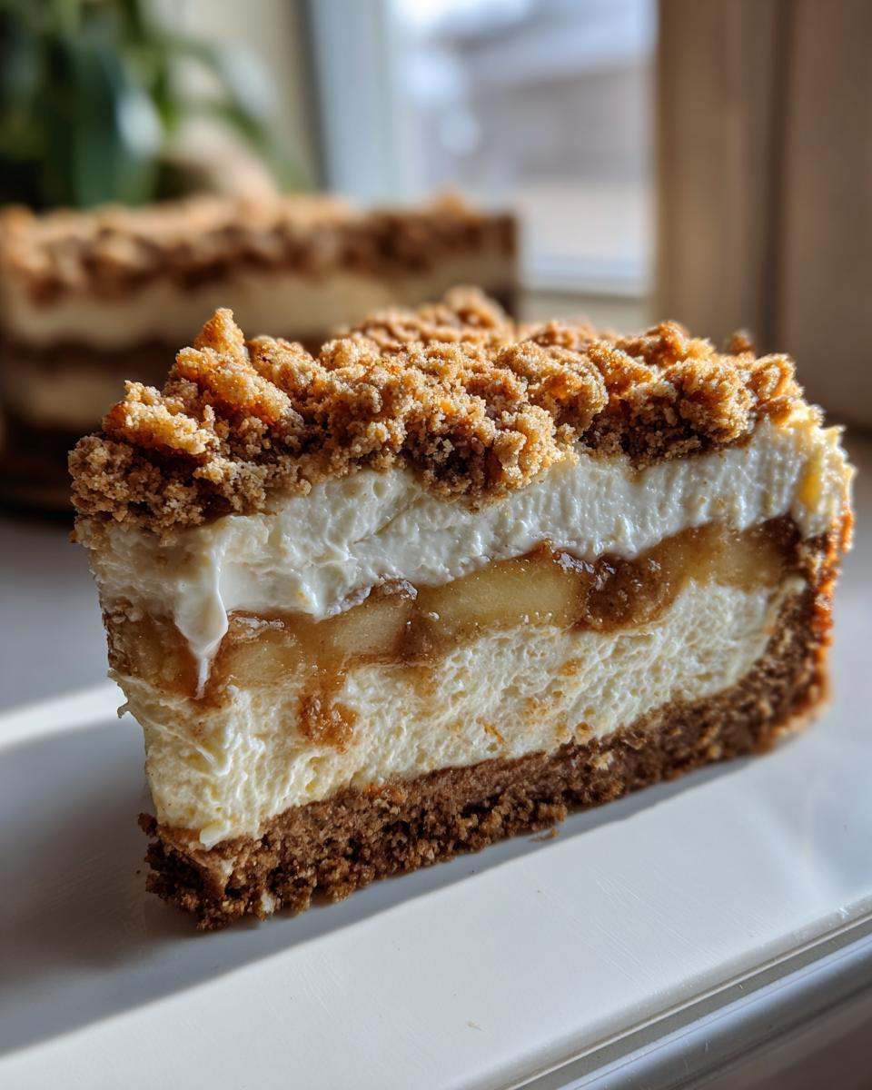 Close-up of a rich slice of apple pie cheesecake featuring layers of crust, cream cheese, spiced apples, and a crunchy crumble topping.